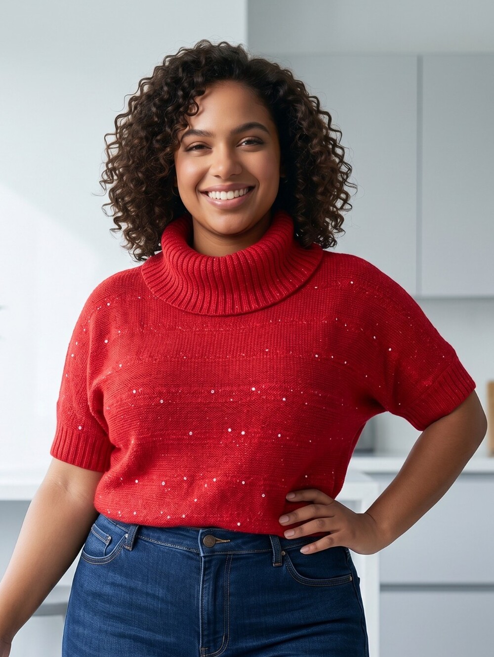Red Metallic Sparkle Turtleneck Sweater Holiday Dolman Sleeve Knit Top Large